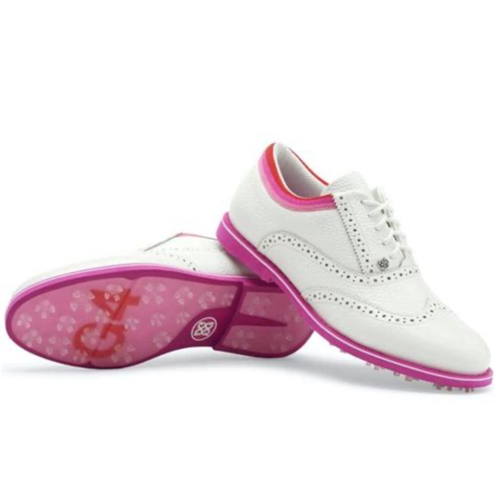 G/FORE White Leather Golf Oxfords with Pink Accents